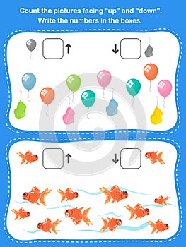 Count the pictures facing Ã¢â¬ÅupÃ¢â¬Â and Ã¢â¬ÅdownÃ¢â¬Â. Write the numbers in the boxes